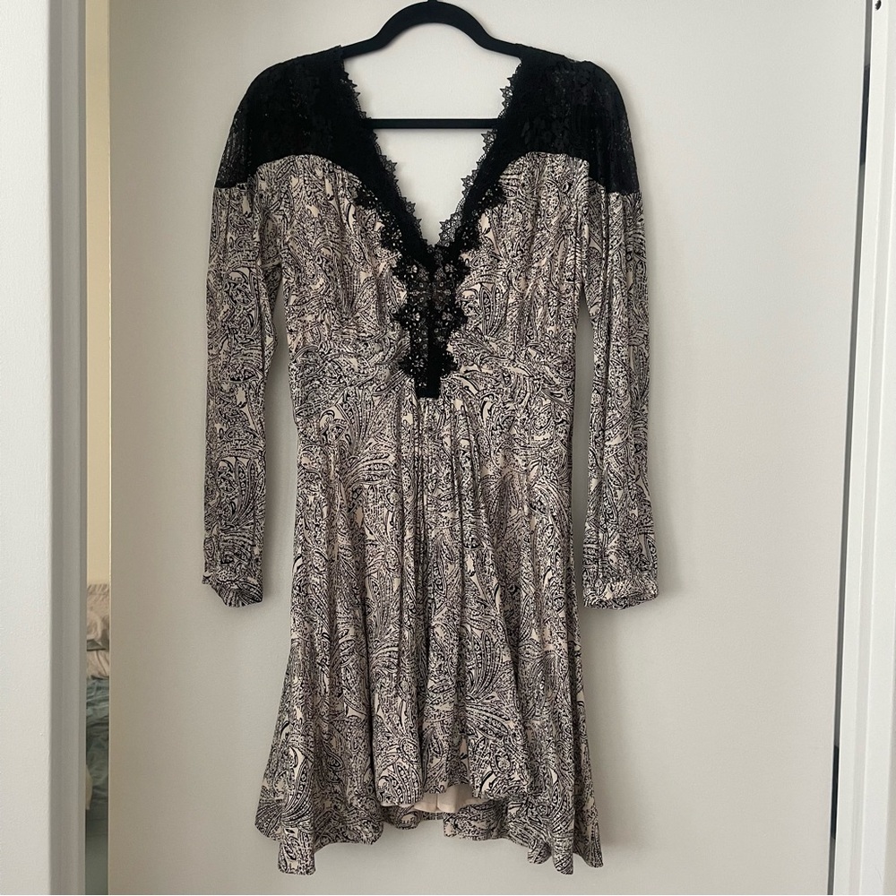 Anthropologie Black and Cream Patterned Long Sleeve Dress